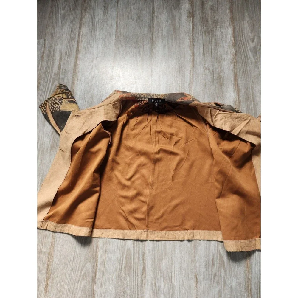 B.L.E.U Tan Green Suede Crop Jacket Rhinestones Abstract Art Lined Sz L GUC - Picture 9 of 13